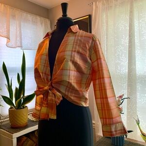 Y2K Petite Sophisticate Silk Cropped Plaid Tie-Front Shirt